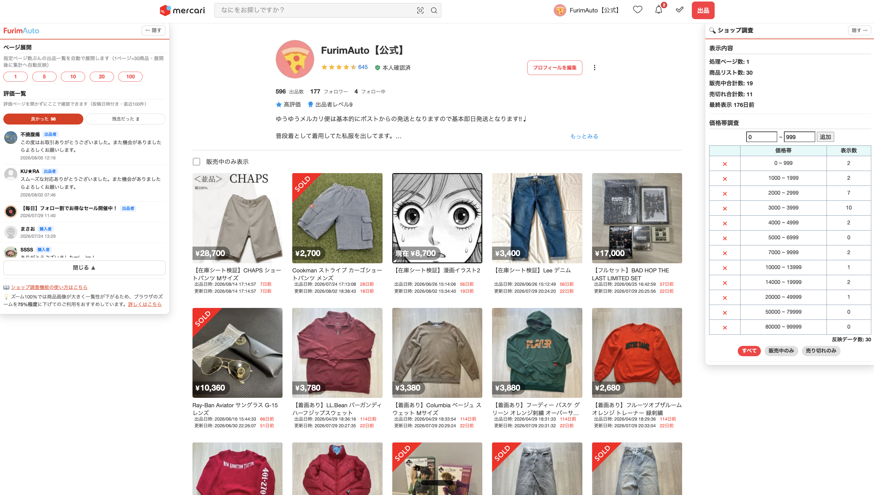 ショップ調査を実行すると出品者ページの左右に表示される調査パネル